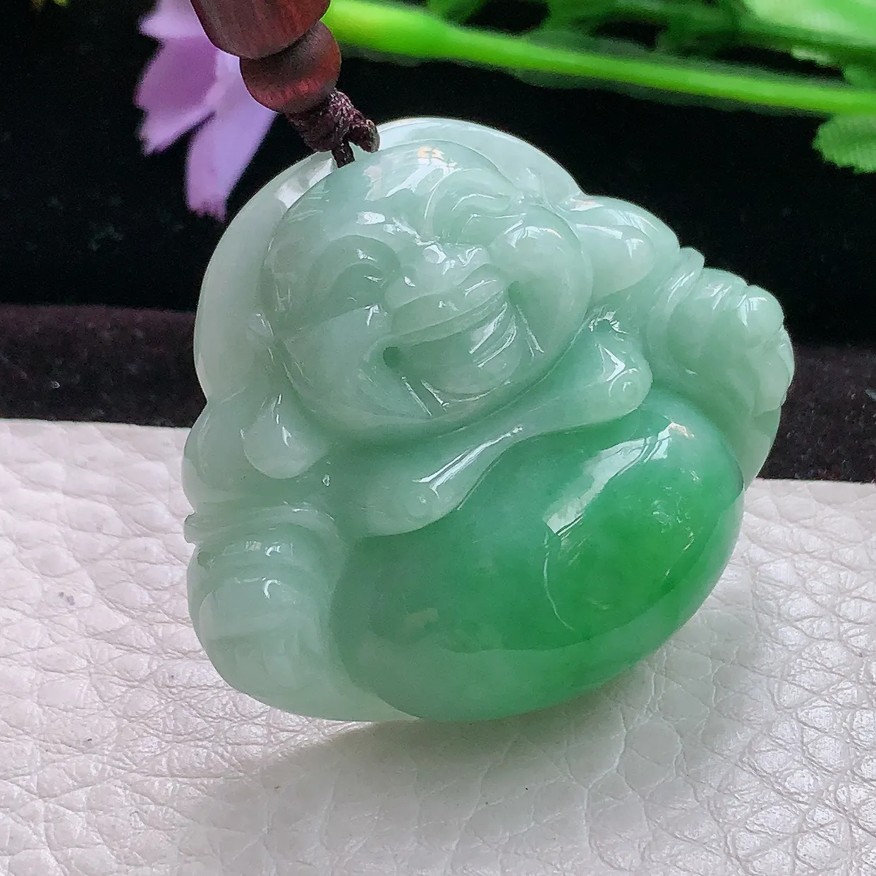 zen实拍39.5*45*13.5缅甸翡翠飘A货辣绿佛公 弥勒佛玉挂件 玉吊坠