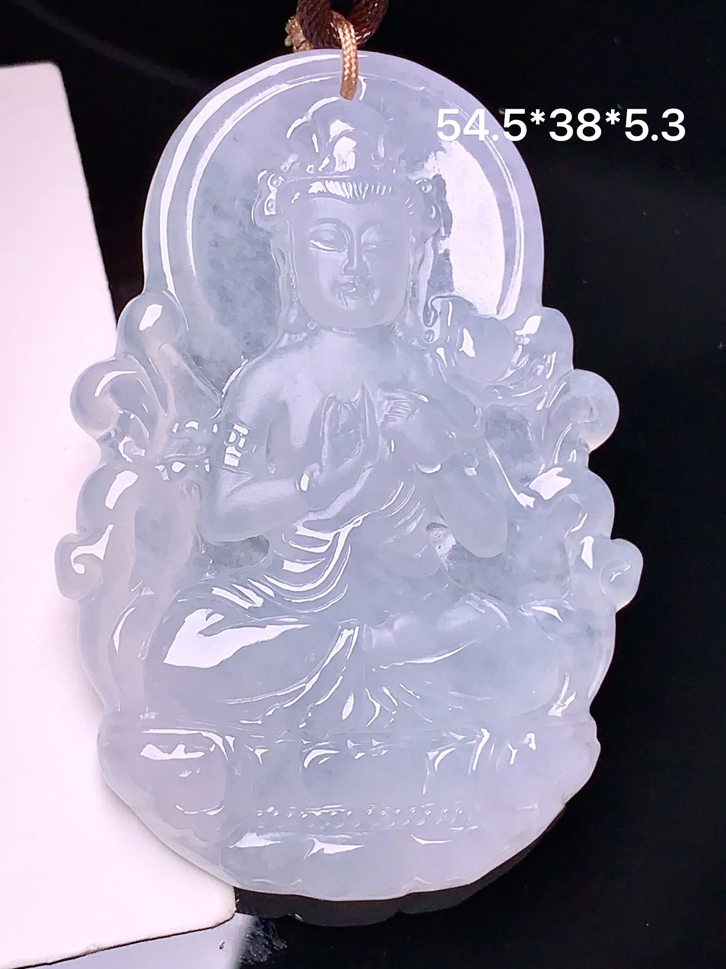 冰种观音菩萨吊坠 玉质细腻 色泽清新艳丽 整体尺寸54.5*38*5.3
