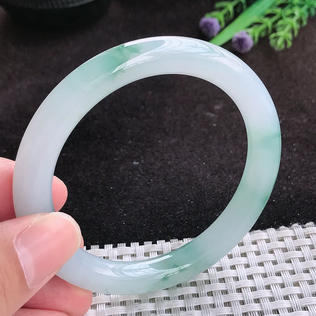 自然光55/8.8/9.2老坑冰胶果冻飘花圆条手镯翡翠玉镯子美人镯手环