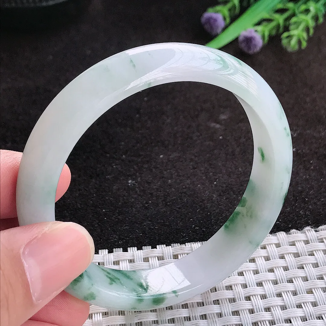 自然光56/12.7/7.2老坑冰润水灵飘花手镯翡翠玉镯子美人镯手环