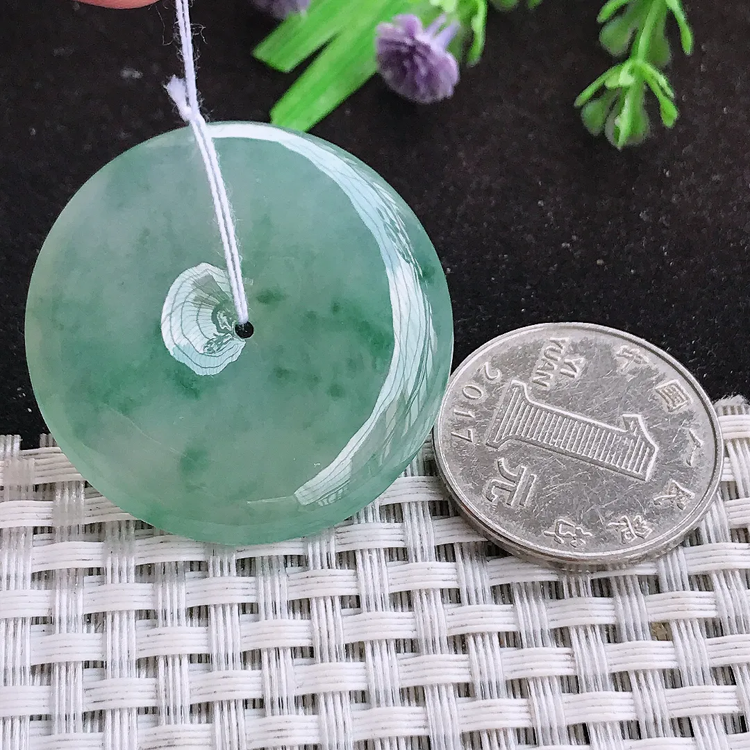 自然光35.7/5.9老坑冰透果冻胶冰飘花平安扣挂件翡翠玉吊坠百搭