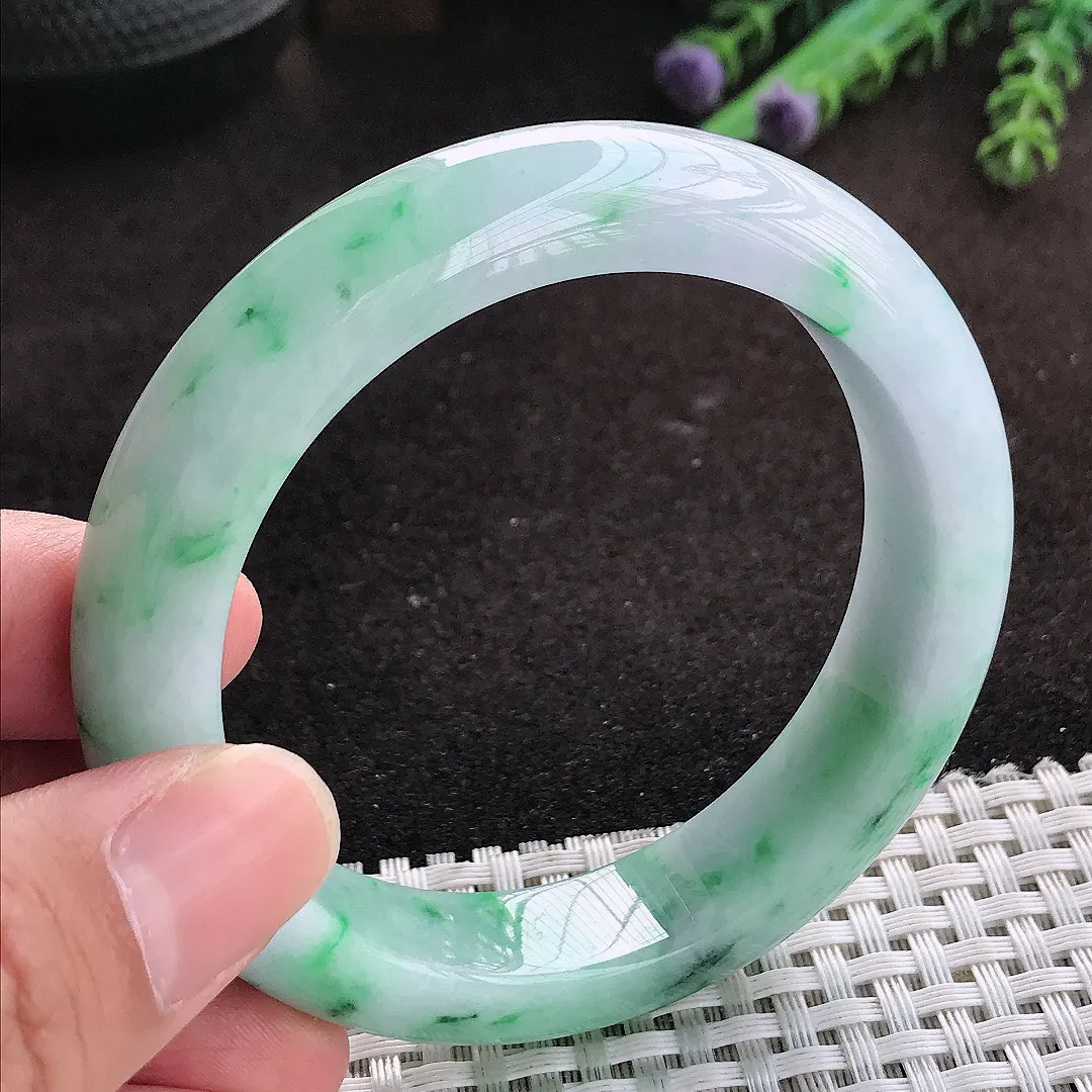 自然光56/13.5/9老坑精美温润飘绿花手镯翡翠玉镯子美人镯手环