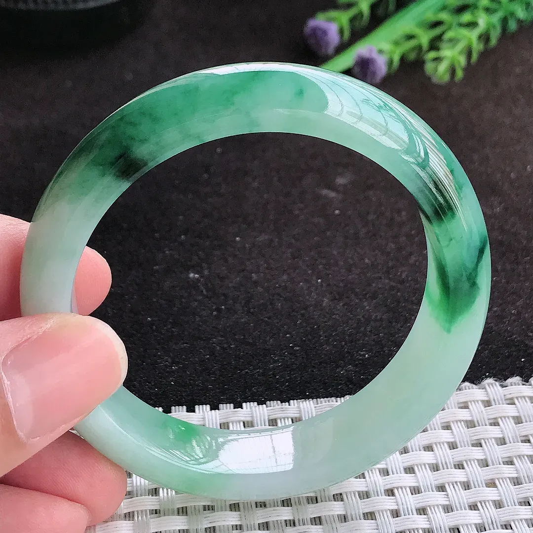 自然光53.5/13.6/8老坑冰润起胶飘花手镯翡翠玉镯子美人镯手环