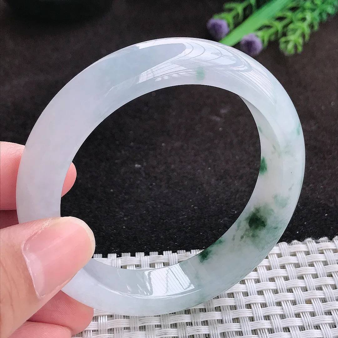 自然光56/13.5/8.7老坑冰胶果冻飘花手镯宽边翡翠玉镯子美人镯手环
