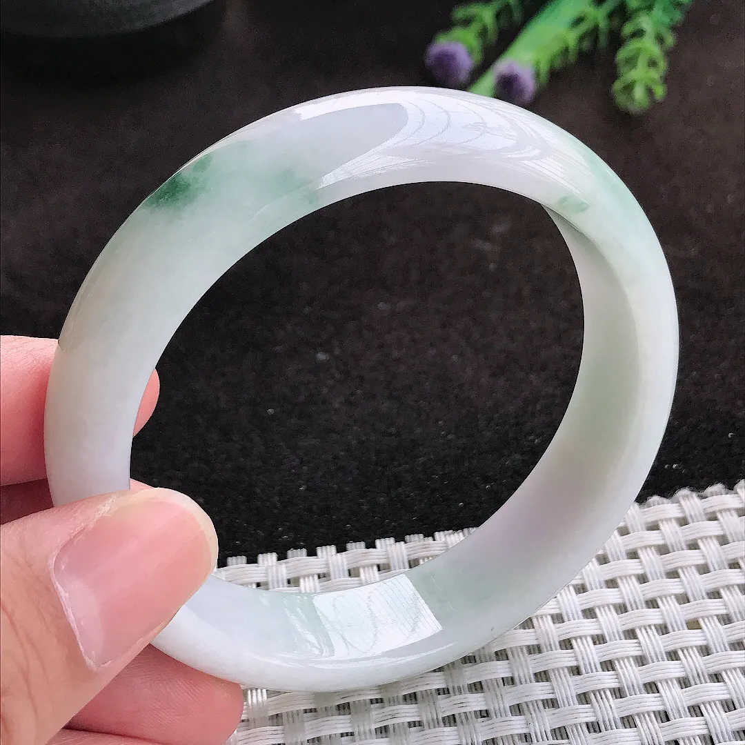 自然光59/14.9/7.6老坑秀气温润飘花宽边手镯翡翠玉镯子美人镯手环