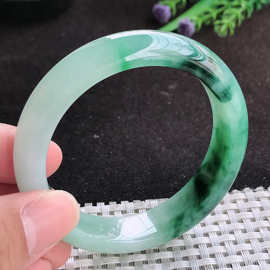 自然光53.5/13.6/8老坑冰润起胶飘花手镯翡翠玉镯子美人镯手环
