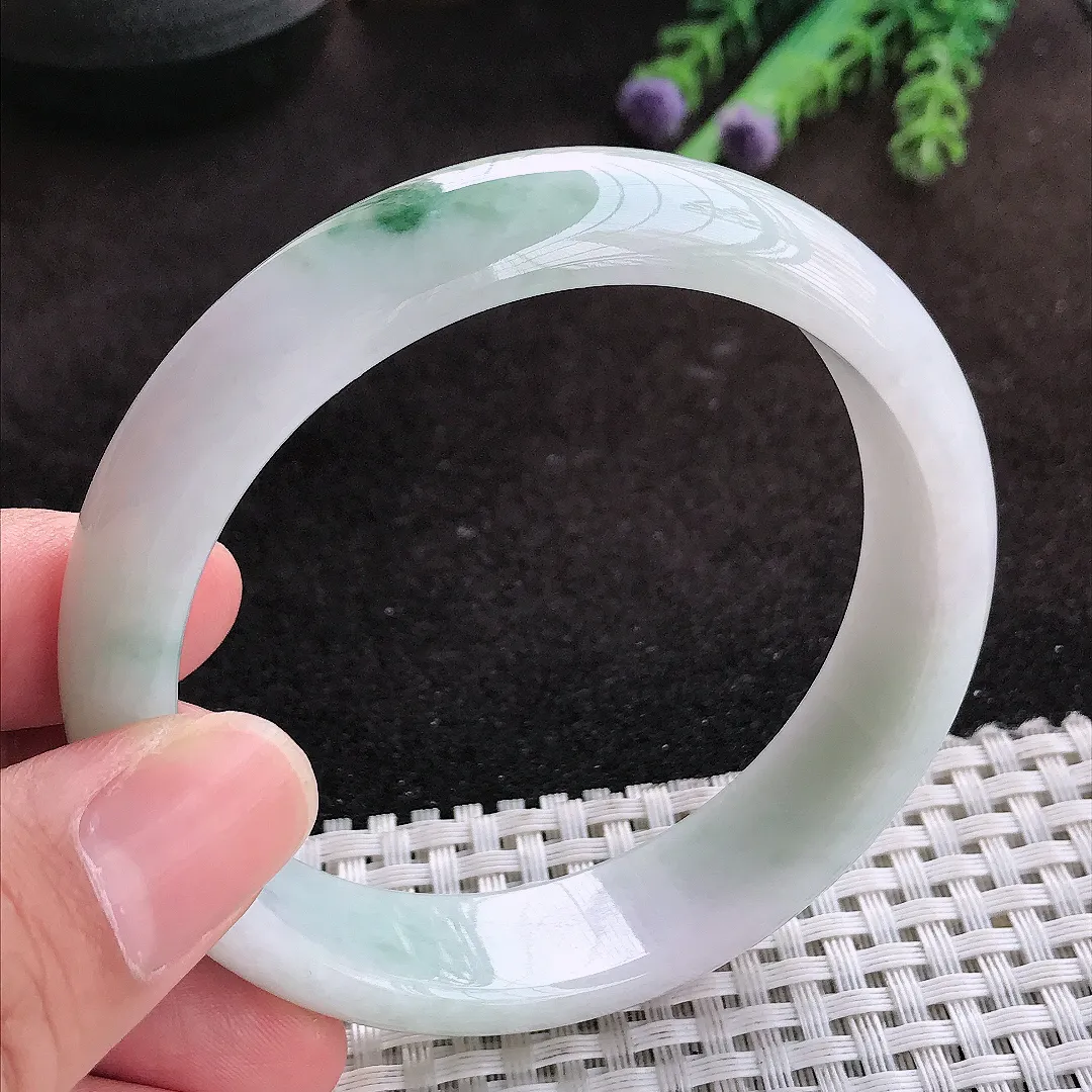 自然光59/14.9/7.6老坑秀气温润飘花宽边手镯翡翠玉镯子美人镯手环
