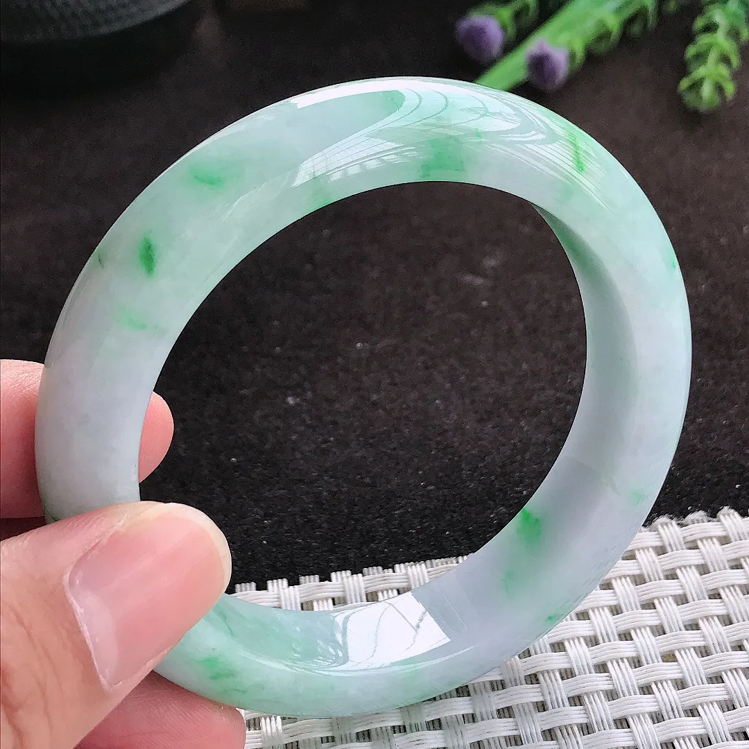 自然光56/13.5/9老坑精美温润飘绿花手镯翡翠玉镯子美人镯手环