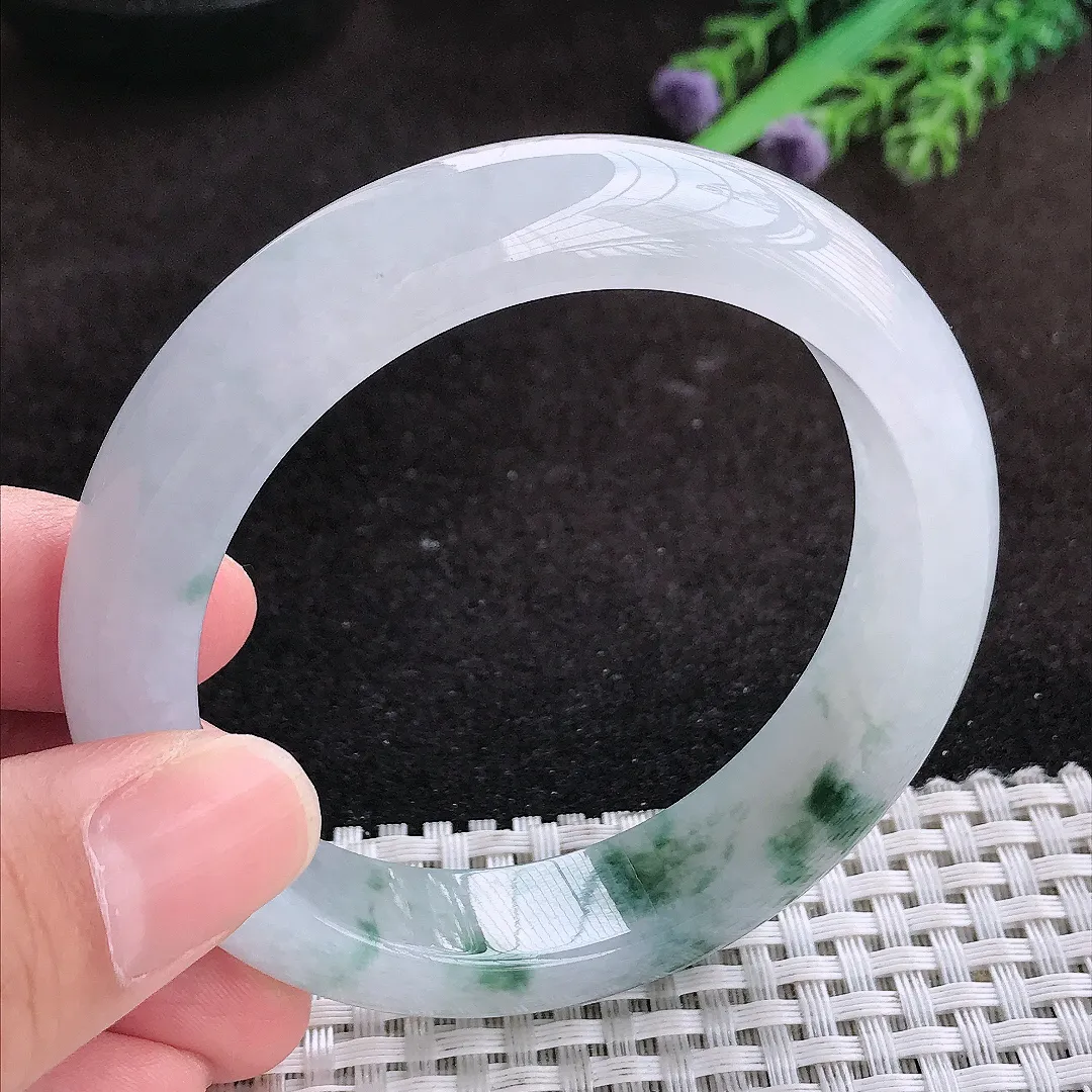 自然光56/13.5/8.7老坑冰胶果冻飘花手镯宽边翡翠玉镯子美人镯手环
