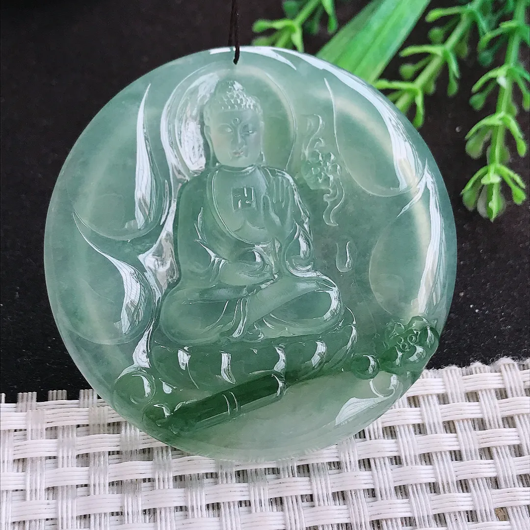 自然光55/6.3老坑冰种果冻胶冰晴飘花阿弥陀佛挂件翡翠玉佛吊坠圆牌佛祖