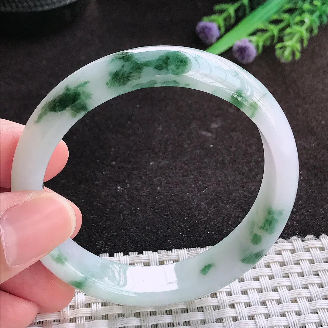 自然光56/12.7/7.2老坑冰润水灵飘花手镯翡翠玉镯子美人镯手环