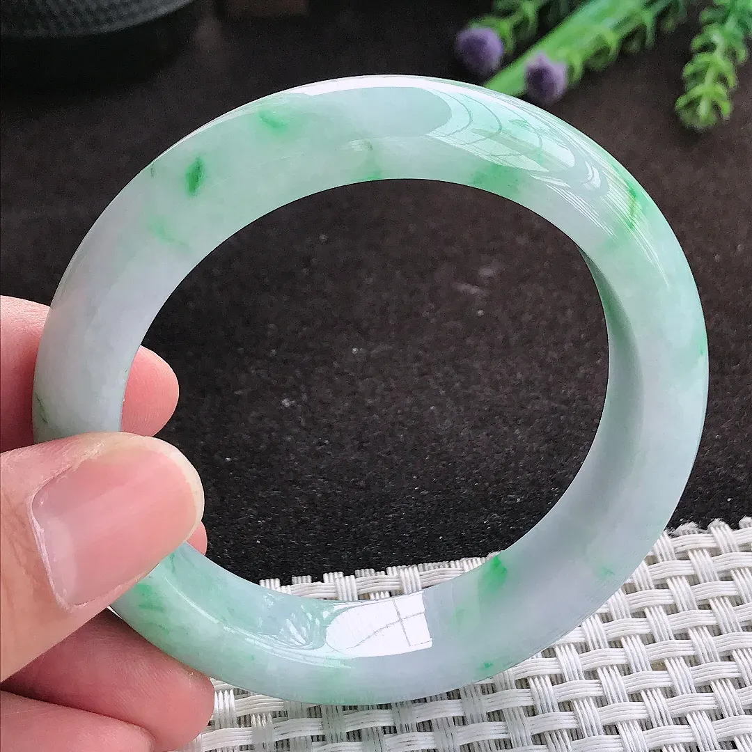 自然光56/13.5/9老坑精美温润飘绿花手镯翡翠玉镯子美人镯手环