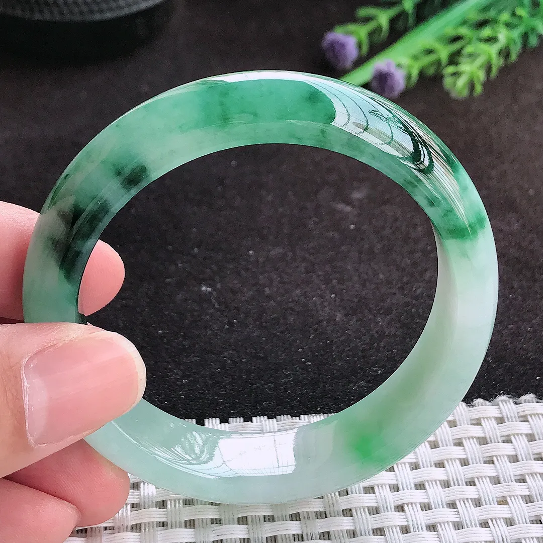 自然光53.5/13.6/8老坑冰润起胶飘花手镯翡翠玉镯子美人镯手环