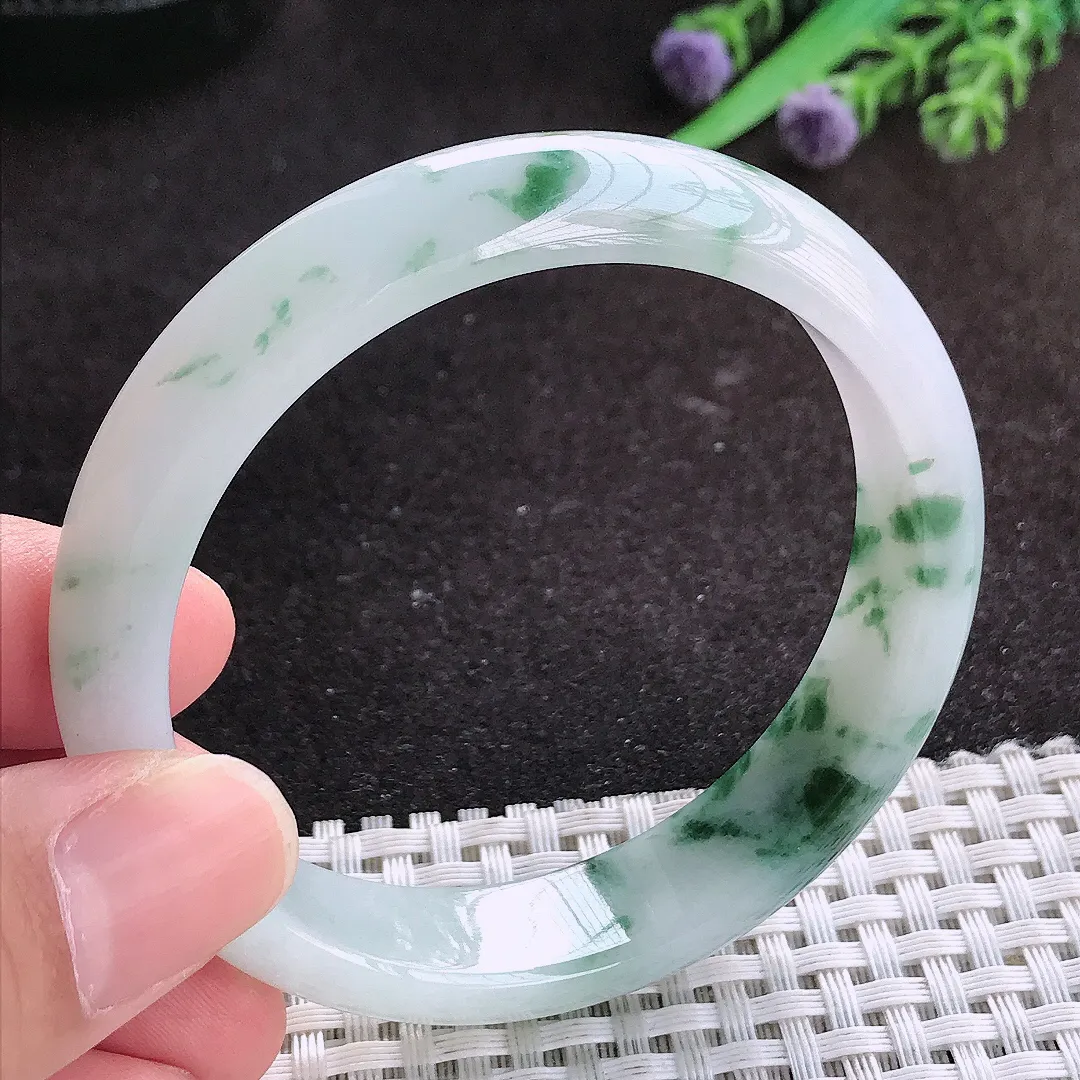自然光56/12.7/7.2老坑冰润水灵飘花手镯翡翠玉镯子美人镯手环