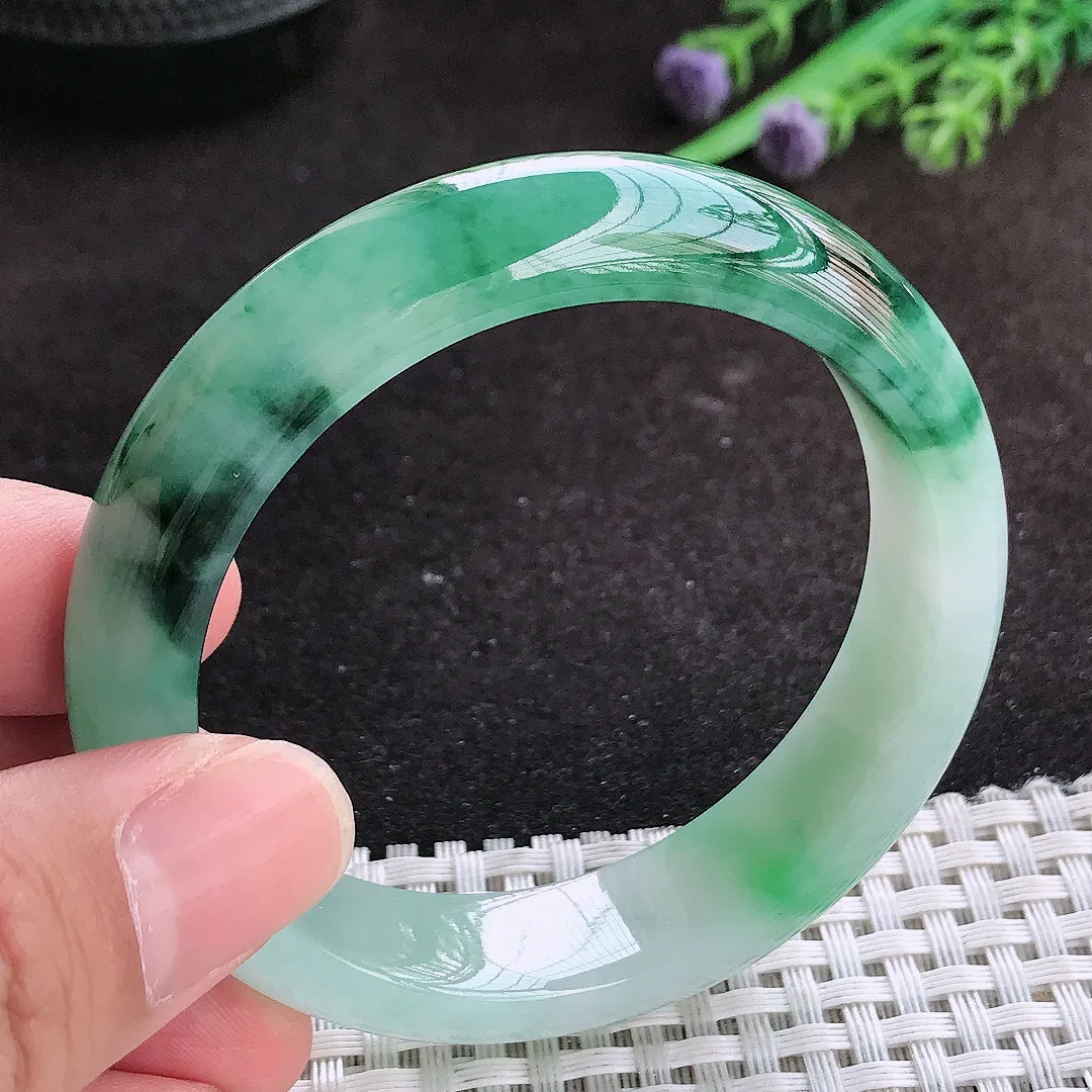 自然光53.5/13.6/8老坑冰润起胶飘花手镯翡翠玉镯子美人镯手环