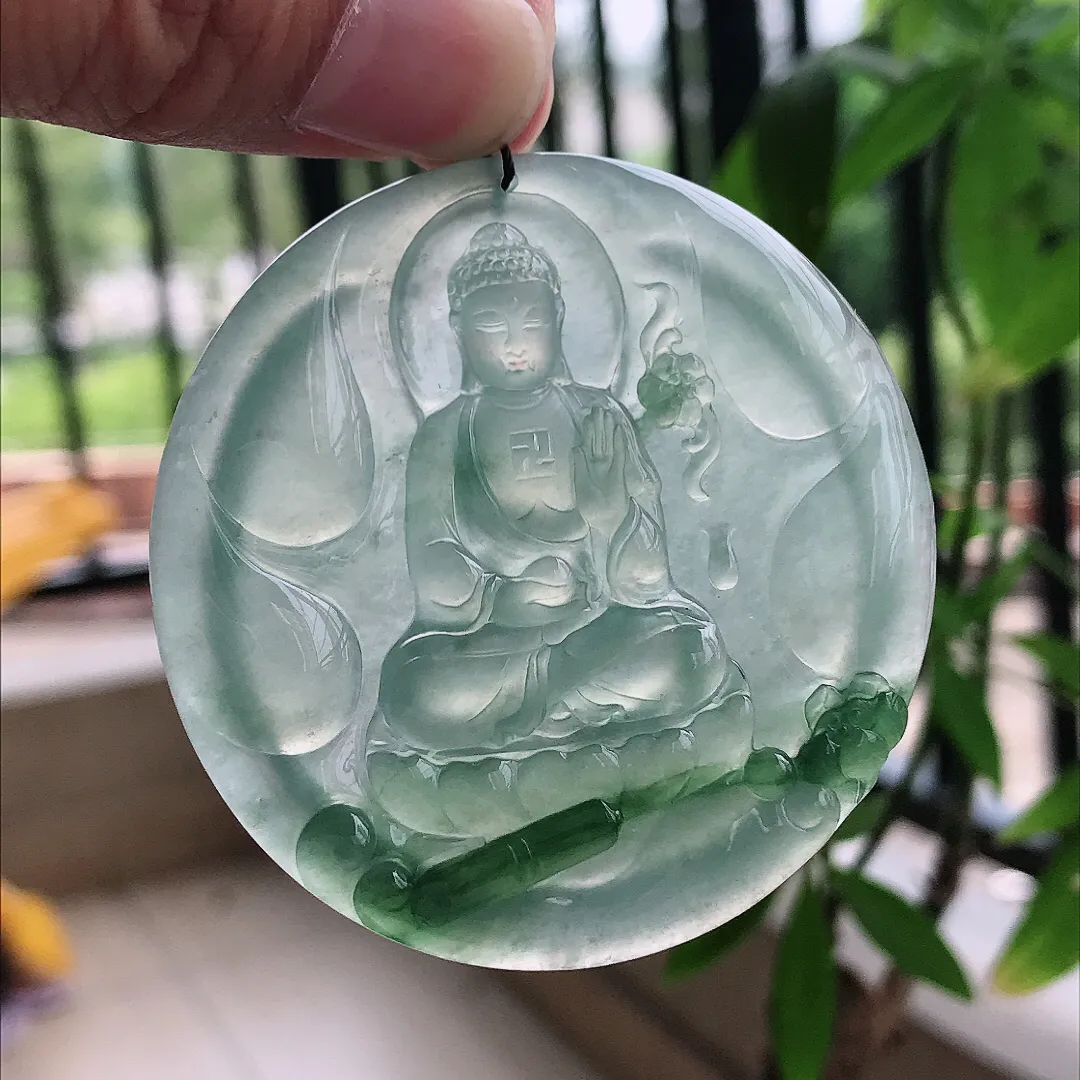 自然光55/6.3老坑冰种果冻胶冰晴飘花阿弥陀佛挂件翡翠玉佛吊坠圆牌佛祖