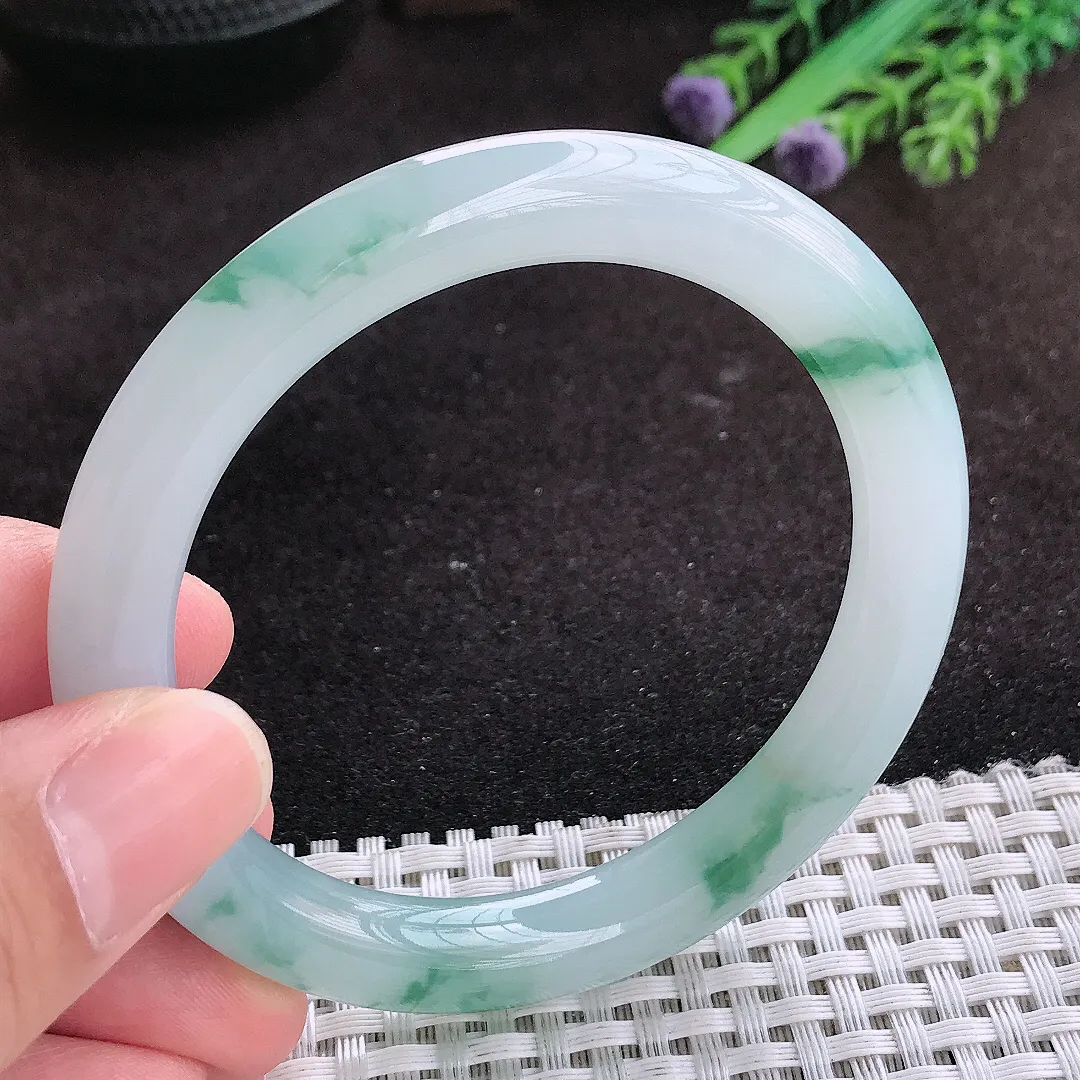 自然光55/8.8/9.2老坑冰胶果冻飘花圆条手镯翡翠玉镯子美人镯手环