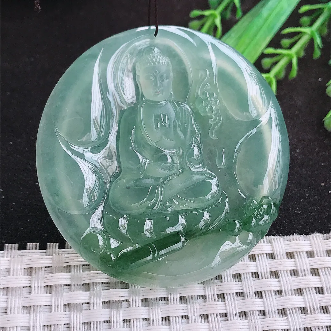 自然光55/6.3老坑冰种果冻胶冰晴飘花阿弥陀佛挂件翡翠玉佛吊坠圆牌佛祖