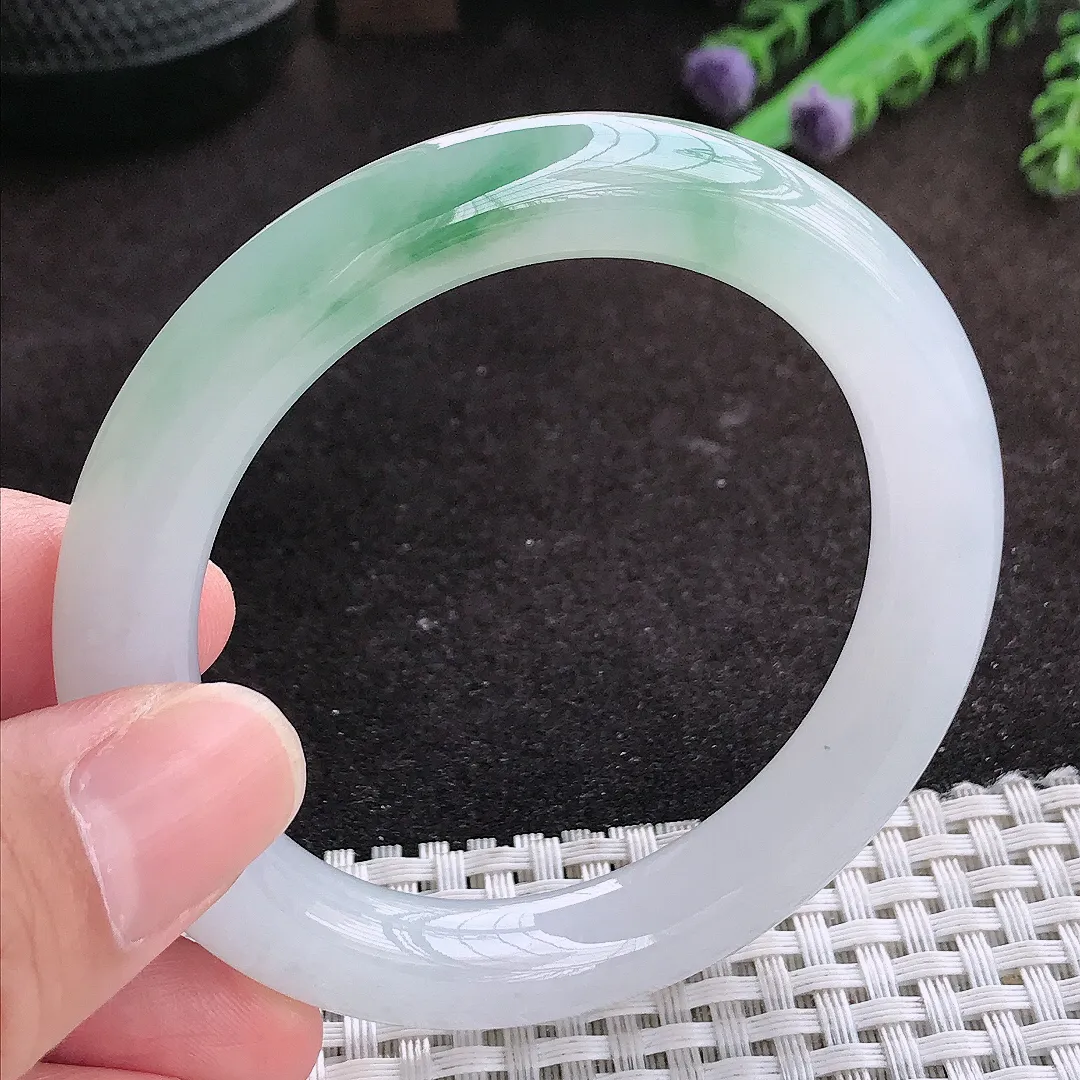自然光52.8/9.6/9.8老坑冰胶果冻冰飘花圆条手镯翡翠玉镯子美人镯手环