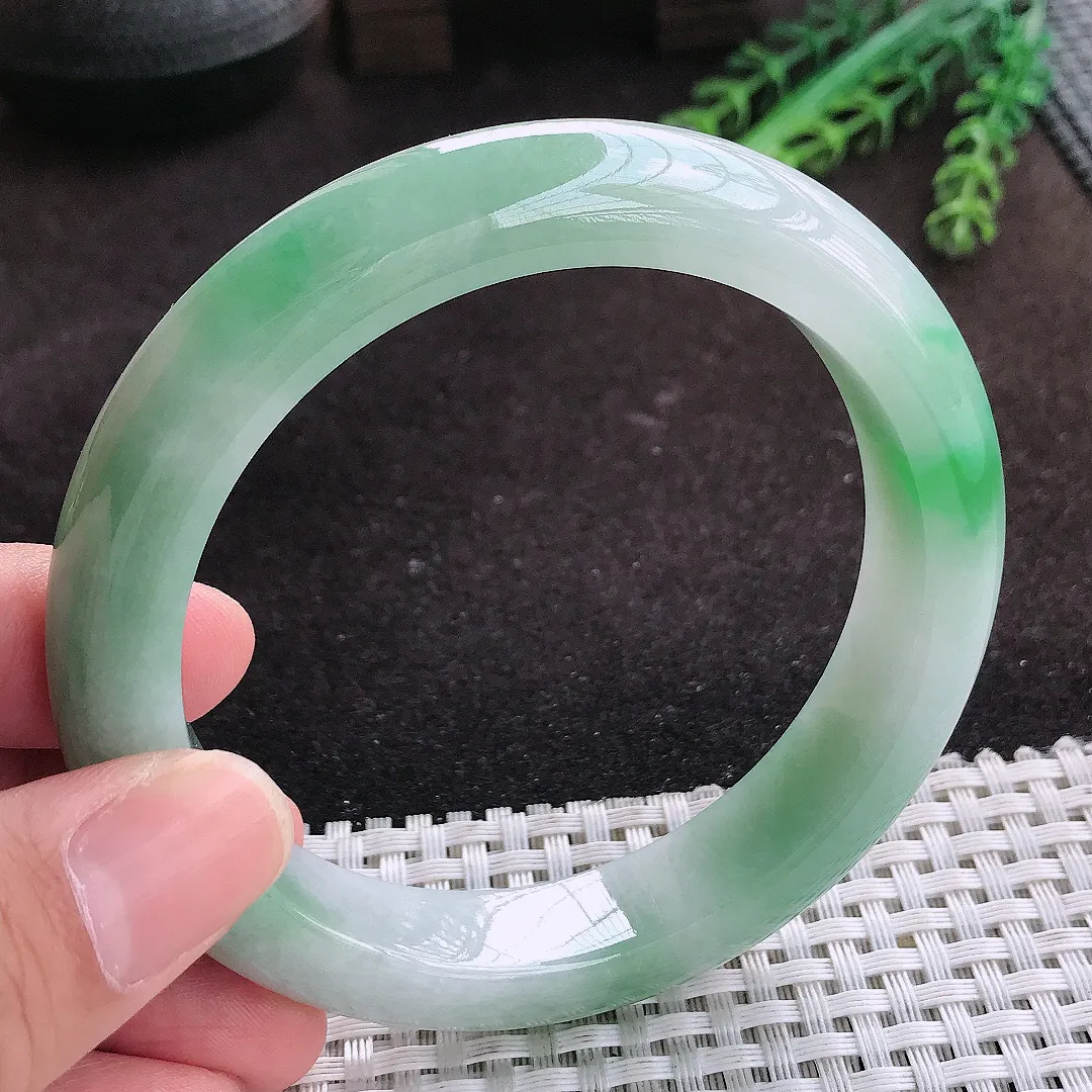 自然光61.5/13.2/9.8老坑冰润水灵飘花大圈口手镯翡翠玉镯子美人镯手环
