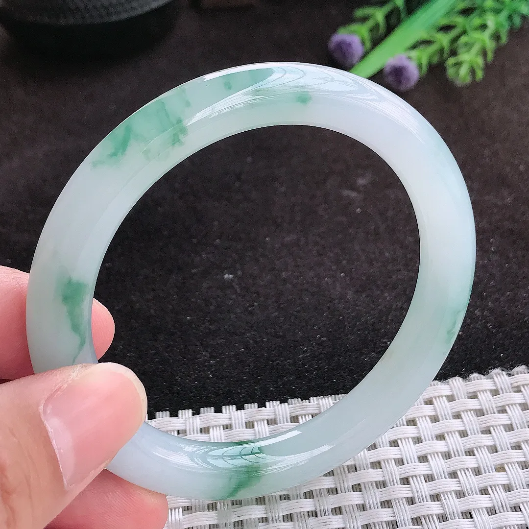自然光55/8.8/9.2老坑冰胶果冻飘花圆条手镯翡翠玉镯子美人镯手环