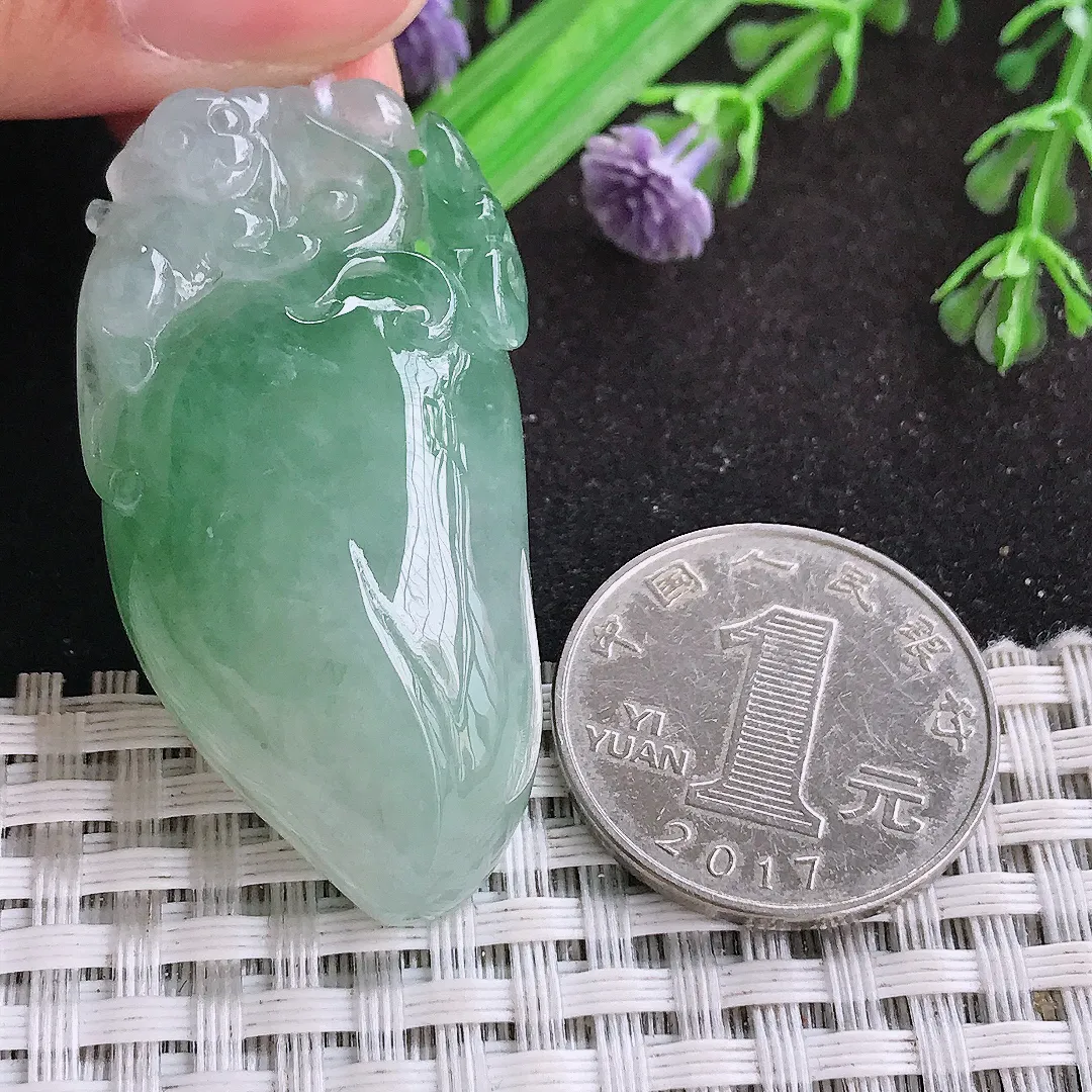 自然光45.6/24/13老坑冰胶水灵飘花寿桃桃子挂件翡翠玉吊坠百搭