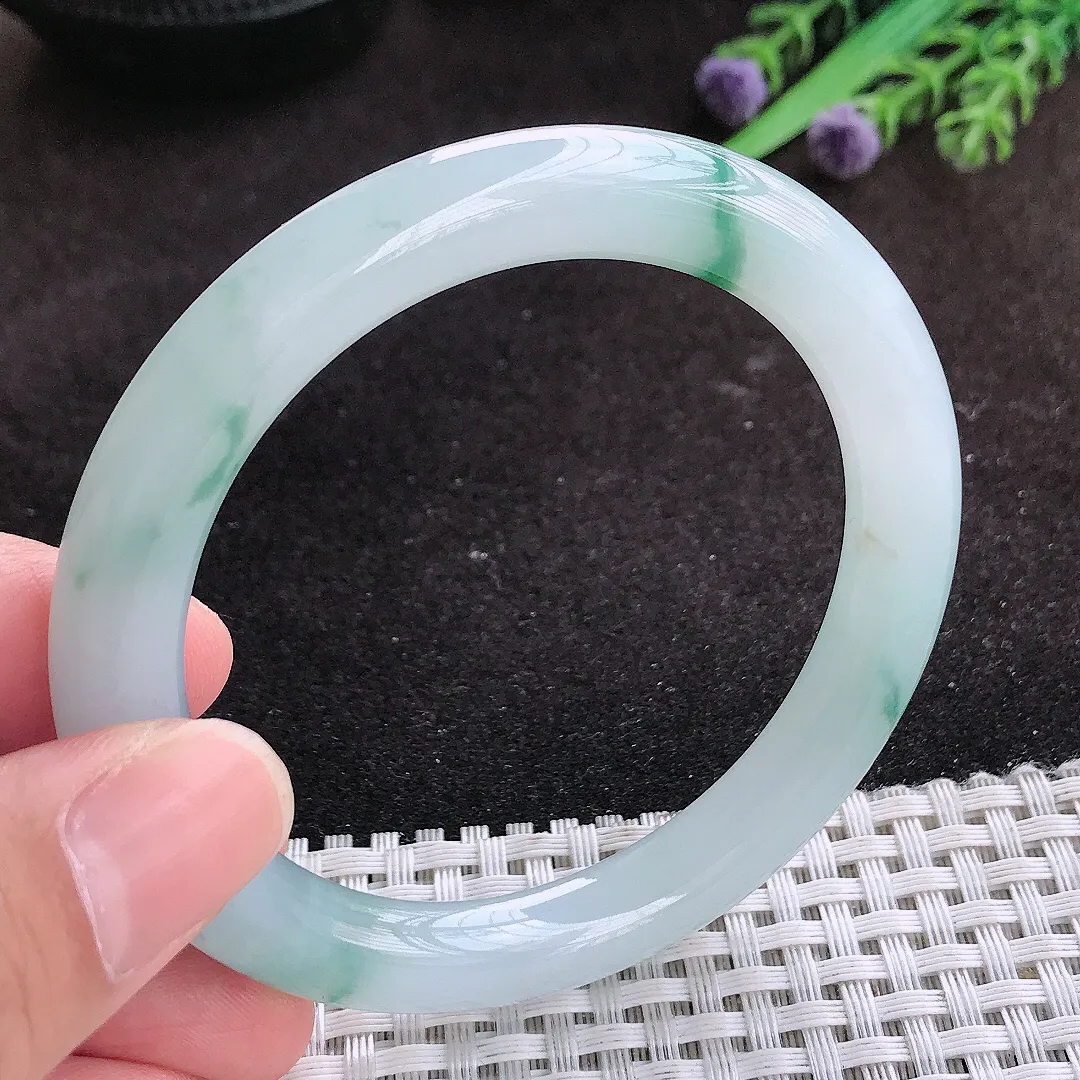 自然光55/8.8/9.2老坑冰胶果冻飘花圆条手镯翡翠玉镯子美人镯手环
