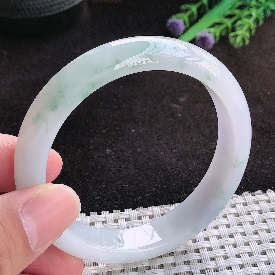 自然光57/12.8/7.9老坑冰润起胶飘花手镯翡翠玉镯子美人镯手环