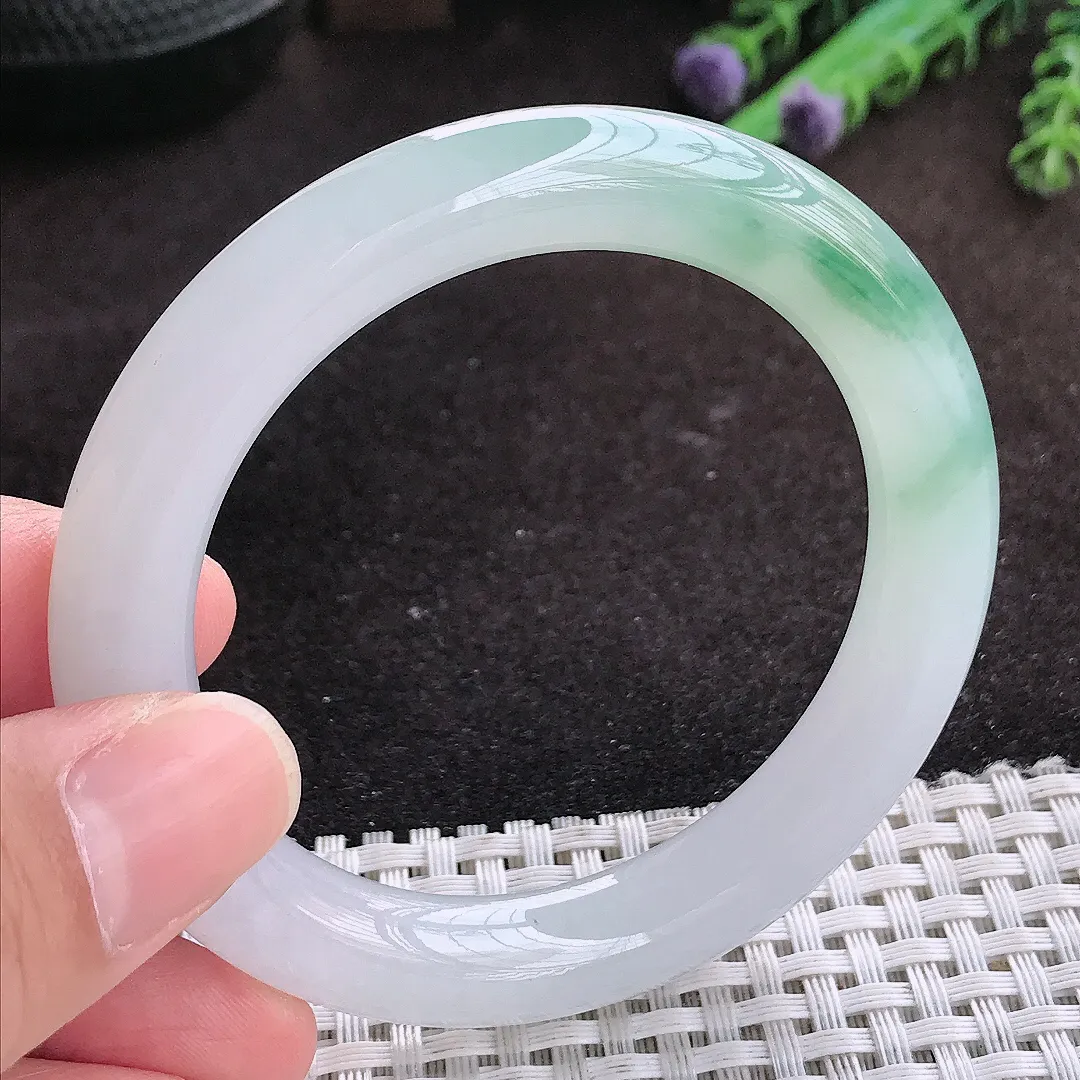 自然光52.8/9.6/9.8老坑冰胶果冻冰飘花圆条手镯翡翠玉镯子美人镯手环