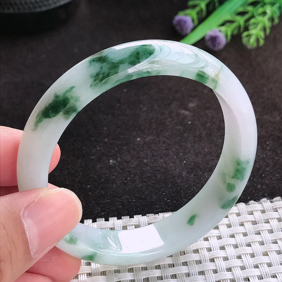 自然光56/12.7/7.2老坑冰润水灵飘花手镯翡翠玉镯子美人镯手环