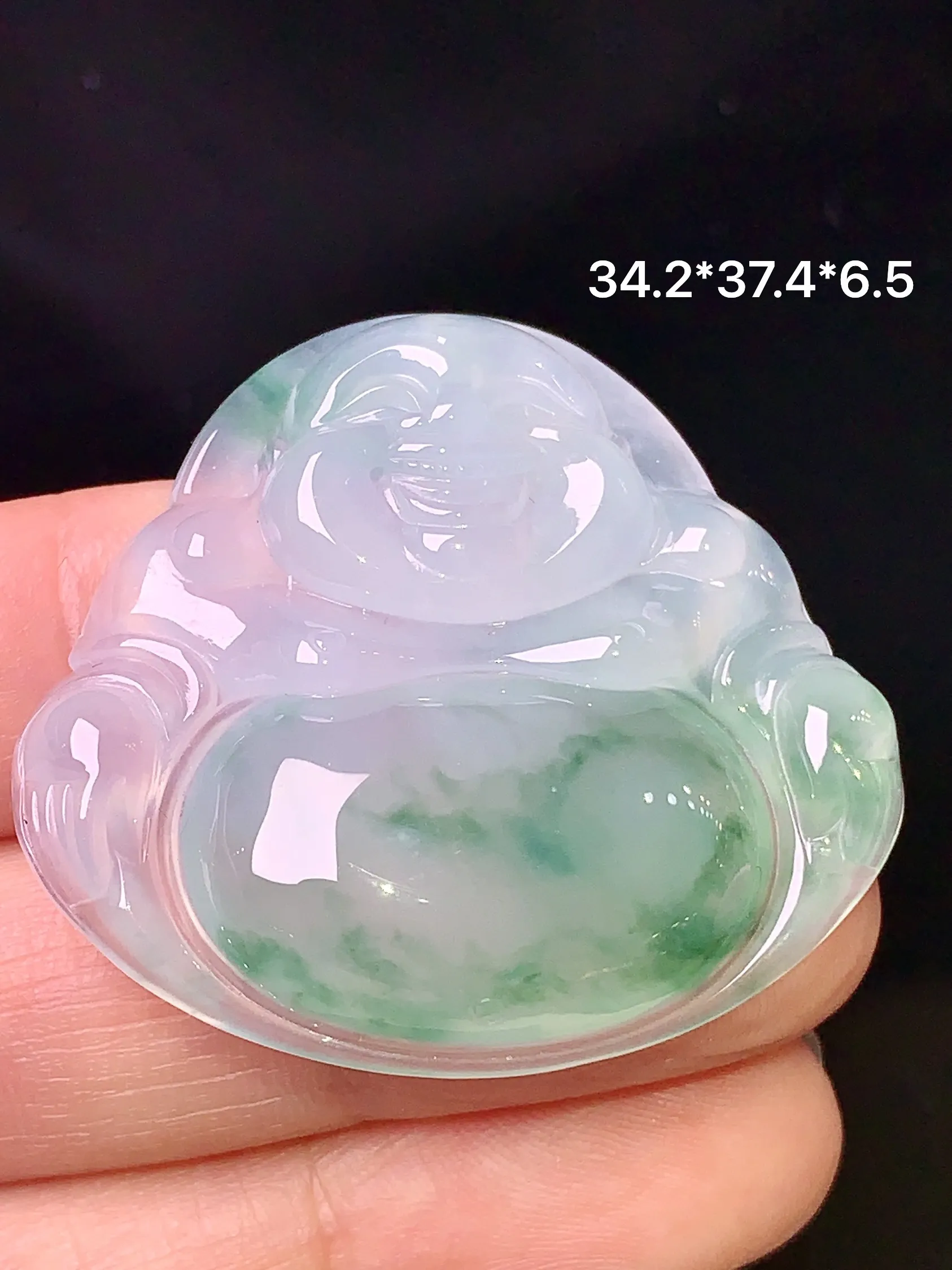 冰种飘绿佛公吊坠 玉质细腻 色泽清新艳丽 整体尺寸34.2*37.4*6.5