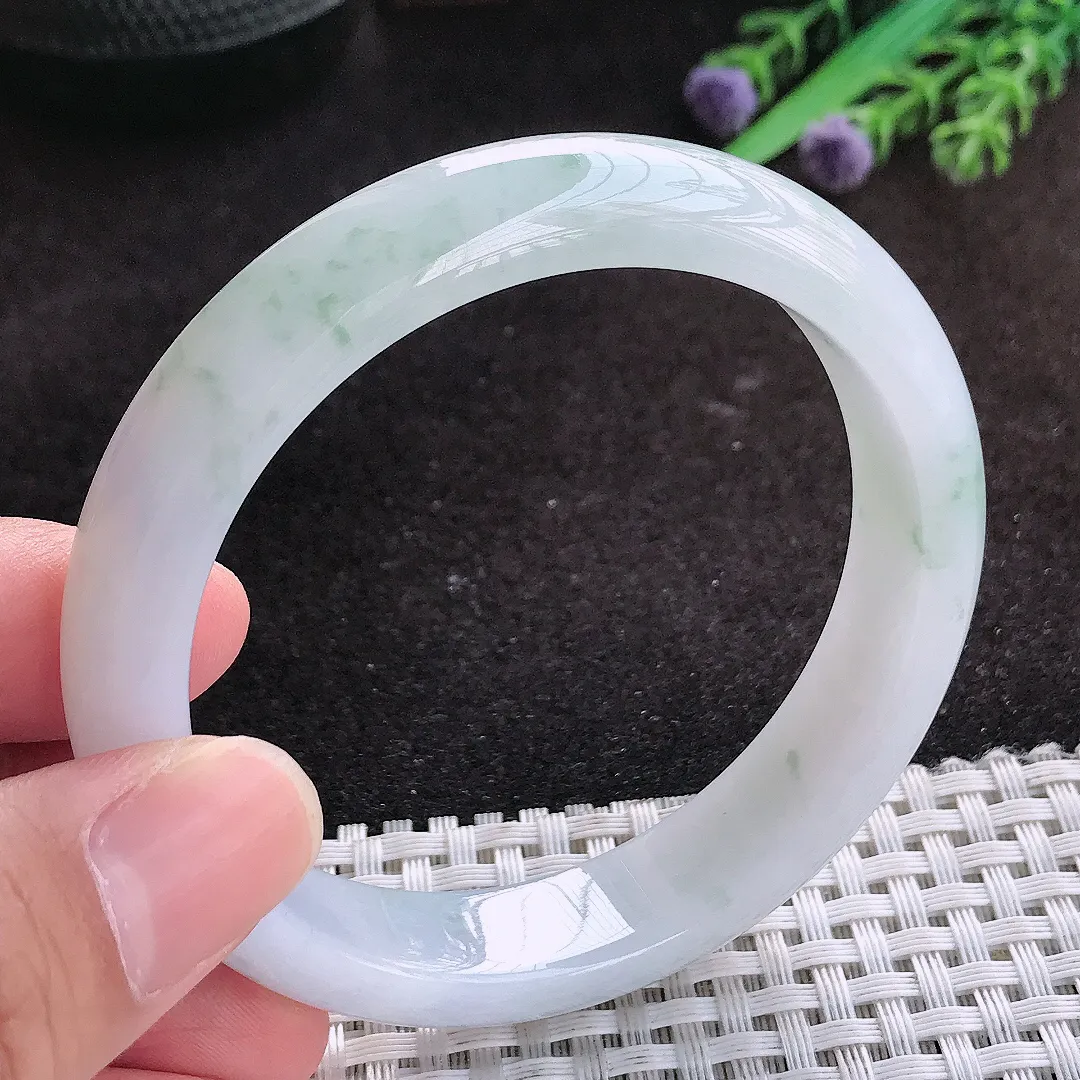 自然光57/12.8/7.9老坑冰润起胶飘花手镯翡翠玉镯子美人镯手环