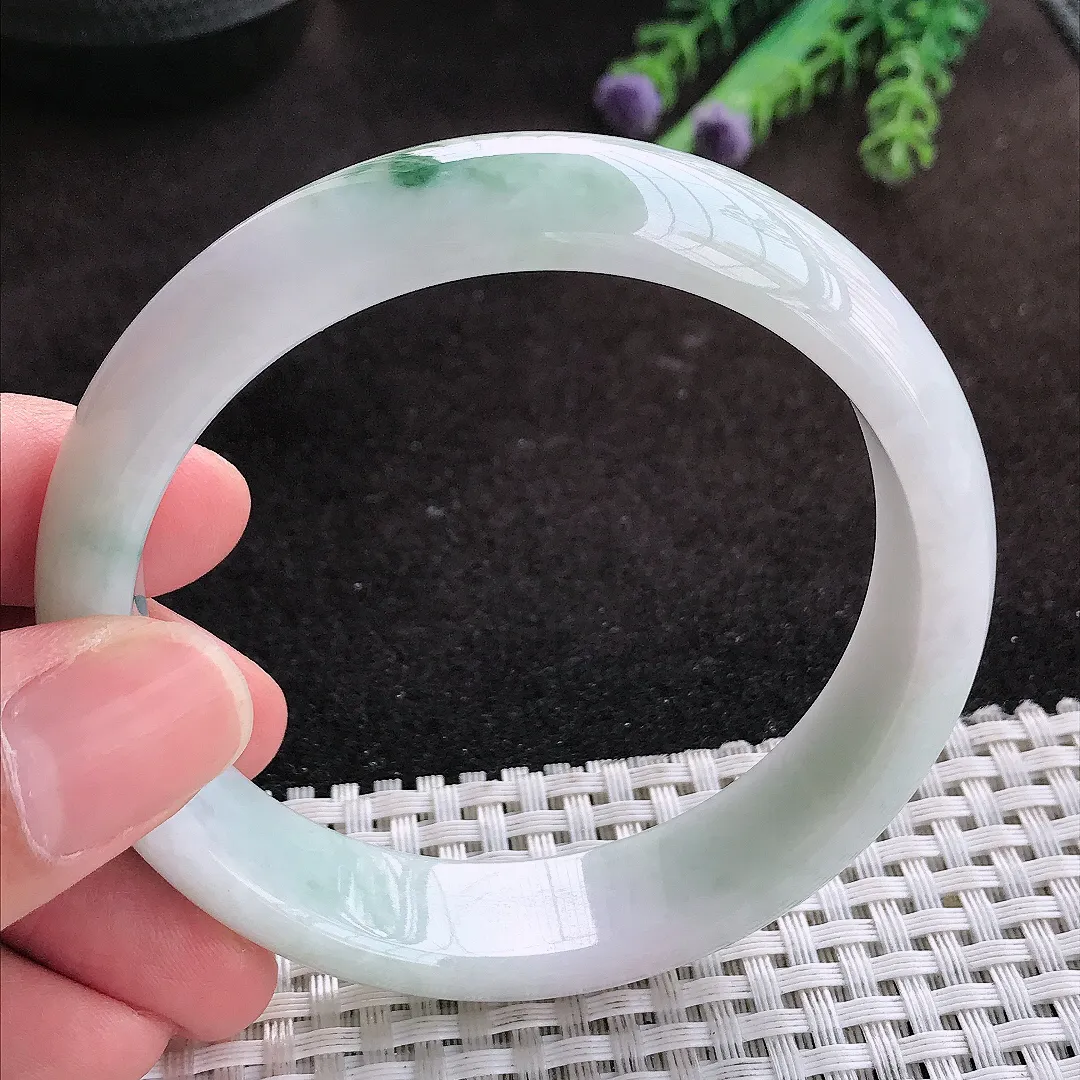 自然光59/14.9/7.6老坑秀气温润飘花宽边手镯翡翠玉镯子美人镯手环