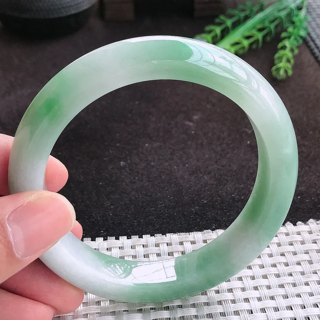 自然光61.5/13.2/9.8老坑冰润水灵飘花大圈口手镯翡翠玉镯子美人镯手环
