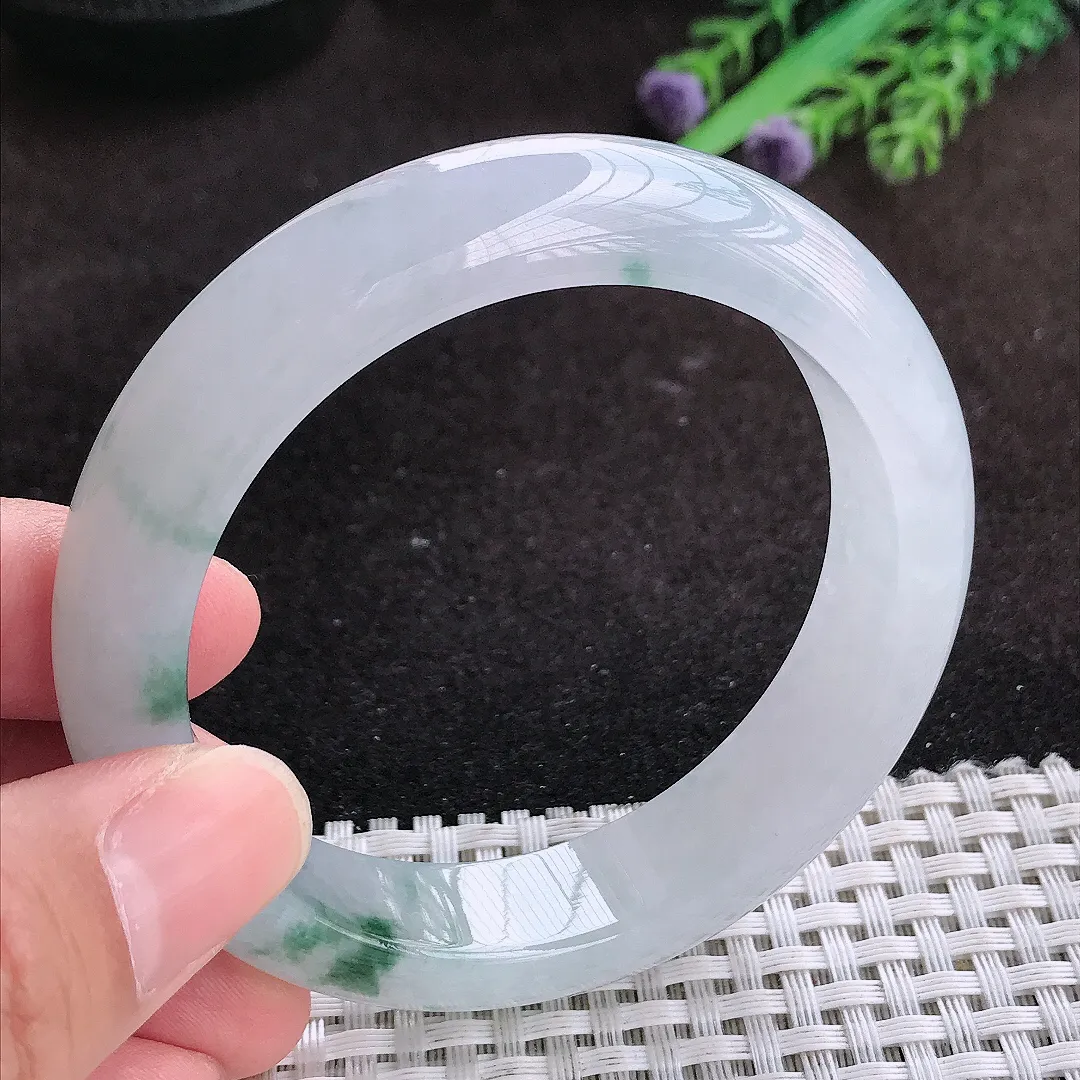 自然光56/13.5/8.7老坑冰胶果冻飘花手镯宽边翡翠玉镯子美人镯手环
