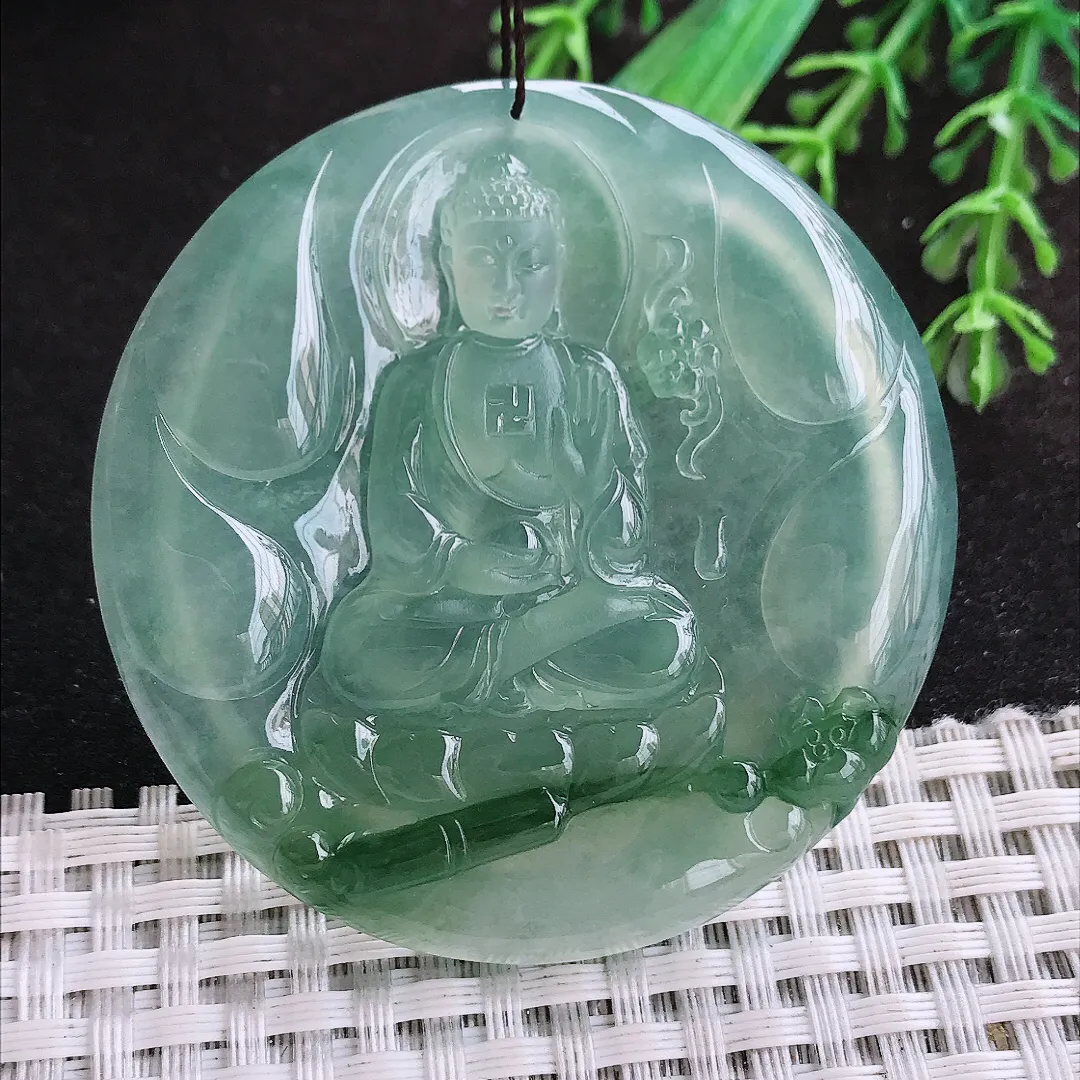 自然光55/6.3老坑冰种果冻胶冰晴飘花阿弥陀佛挂件翡翠玉佛吊坠圆牌佛祖