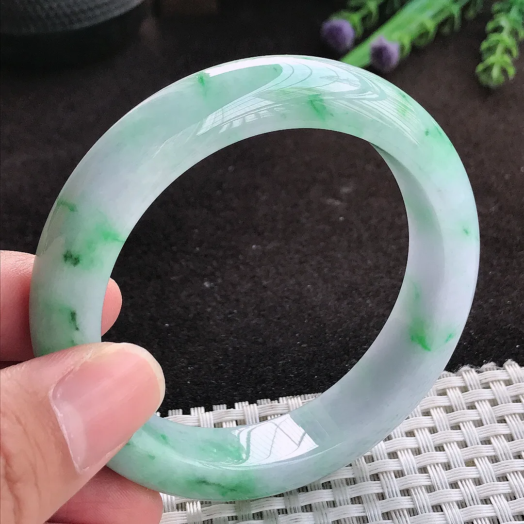 自然光56/13.5/9老坑精美温润飘绿花手镯翡翠玉镯子美人镯手环