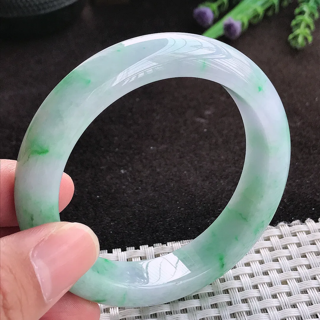 自然光56/13.5/9老坑精美温润飘绿花手镯翡翠玉镯子美人镯手环