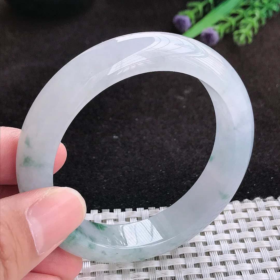 自然光56/13.5/8.7老坑冰胶果冻飘花手镯宽边翡翠玉镯子美人镯手环