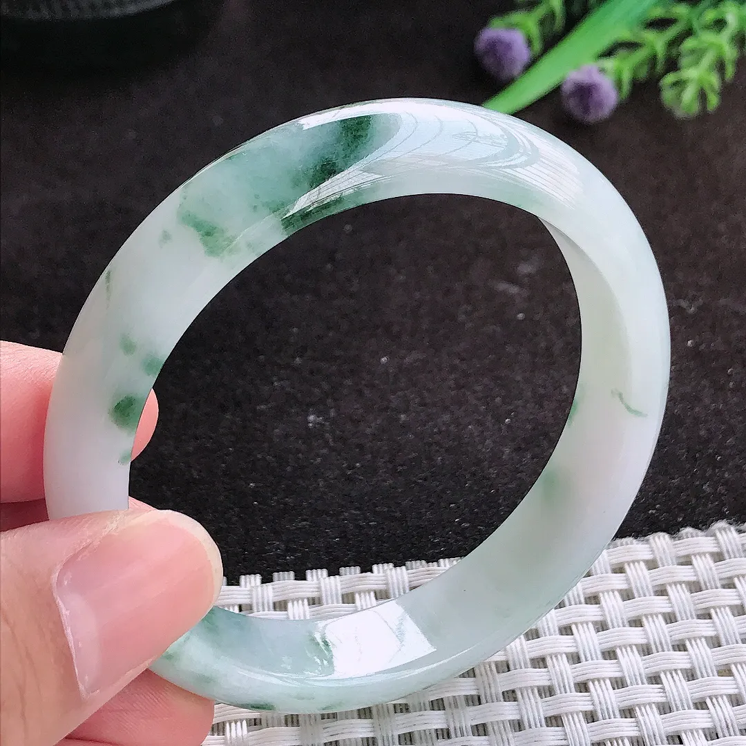 自然光56/12.7/7.2老坑冰润水灵飘花手镯翡翠玉镯子美人镯手环
