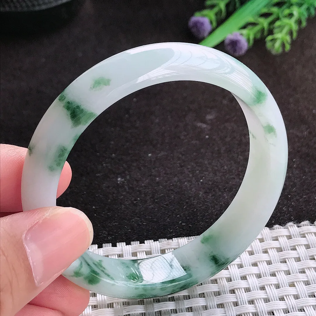 自然光56/12.7/7.2老坑冰润水灵飘花手镯翡翠玉镯子美人镯手环