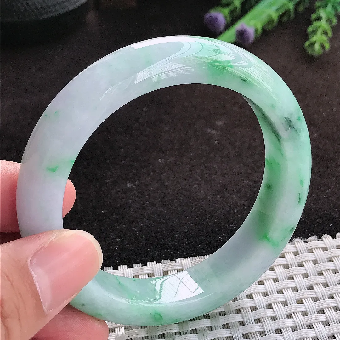 自然光56/13.5/9老坑精美温润飘绿花手镯翡翠玉镯子美人镯手环