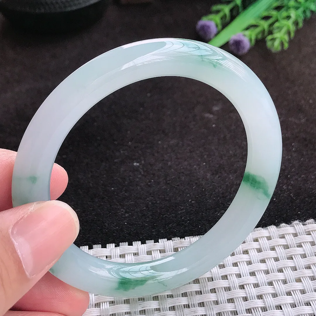 自然光55/8.8/9.2老坑冰胶果冻飘花圆条手镯翡翠玉镯子美人镯手环
