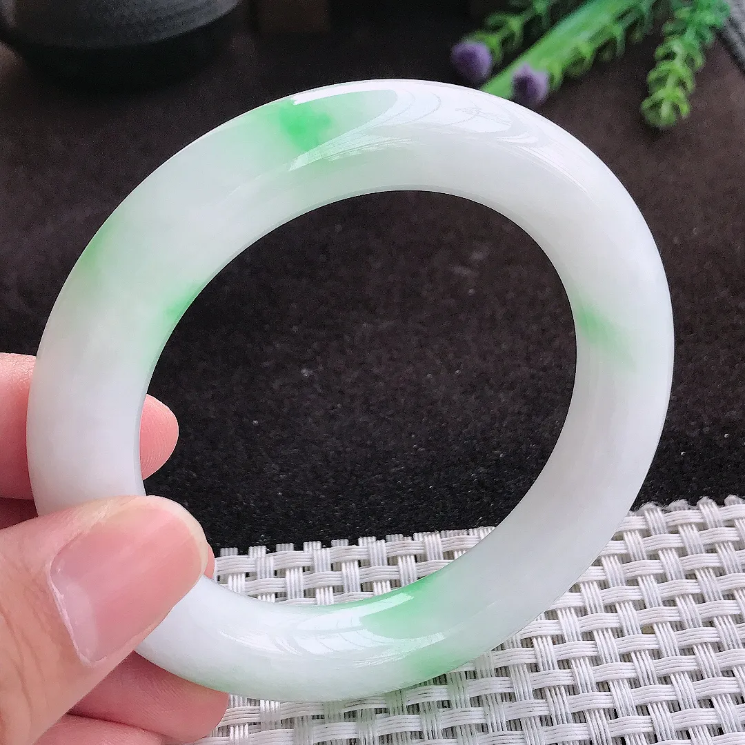 自然光56/11.8/12老坑秀气温润飘绿圆条手镯翡翠玉镯子美人镯手环