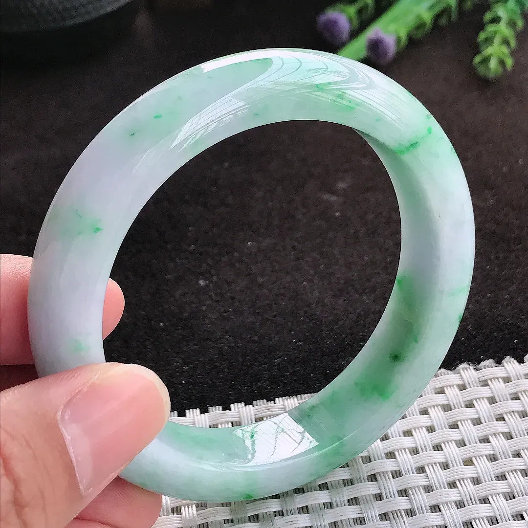 自然光56/13.5/9老坑精美温润飘绿花手镯翡翠玉镯子美人镯手环