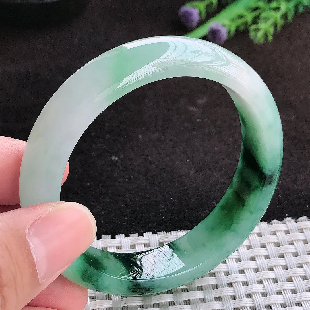 自然光53.5/13.6/8老坑冰润起胶飘花手镯翡翠玉镯子美人镯手环
