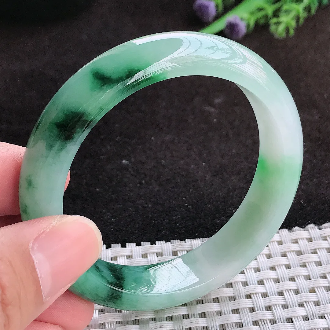 自然光53.5/13.6/8老坑冰润起胶飘花手镯翡翠玉镯子美人镯手环