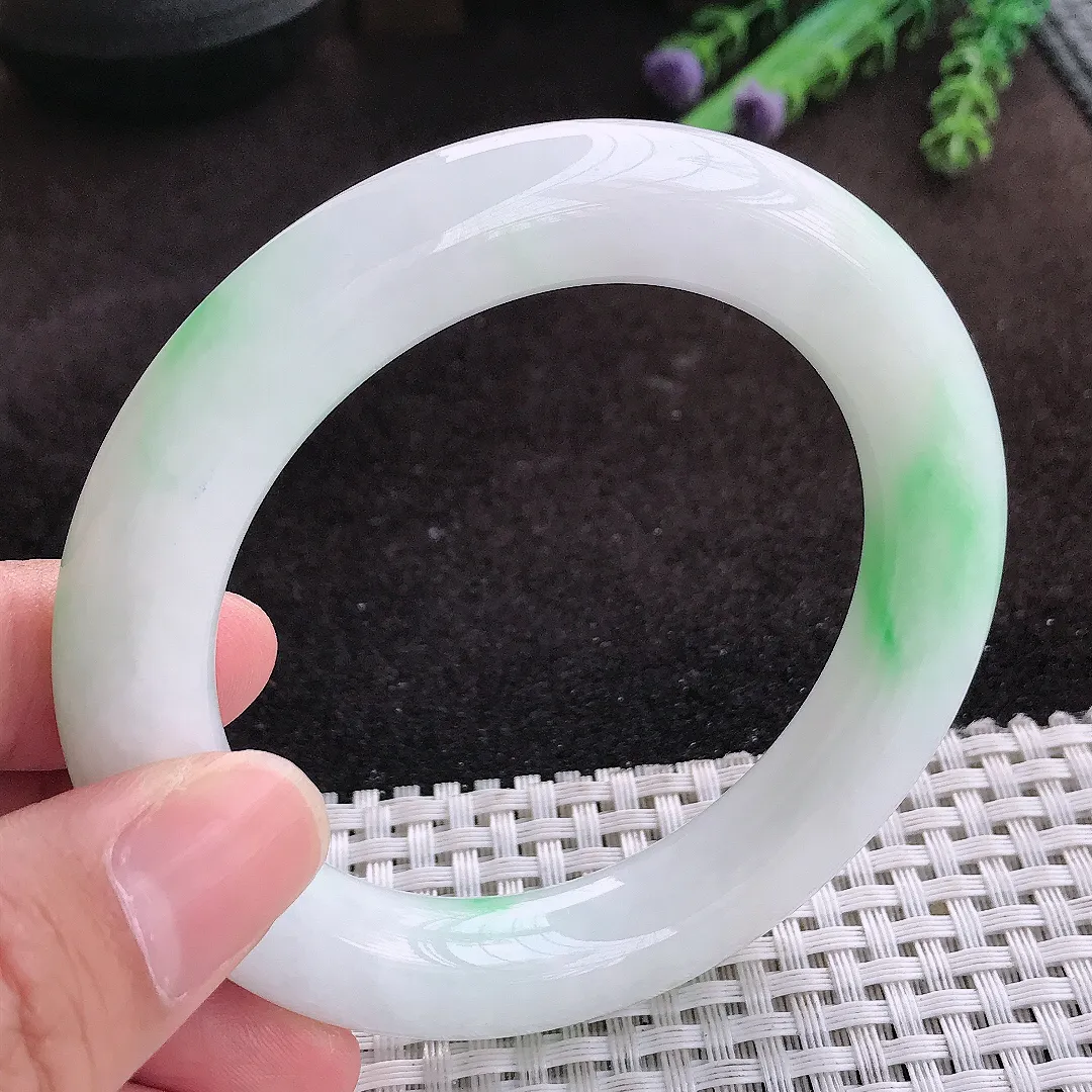 自然光56/11.8/12老坑秀气温润飘绿圆条手镯翡翠玉镯子美人镯手环