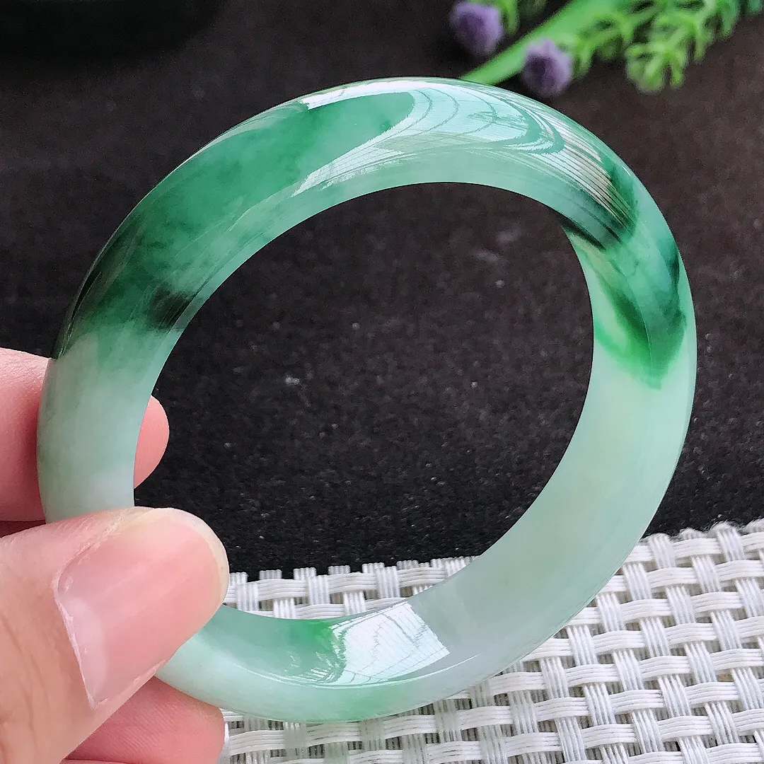自然光53.5/13.6/8老坑冰润起胶飘花手镯翡翠玉镯子美人镯手环