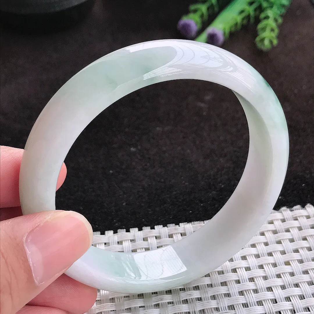 自然光59/14.9/7.6老坑秀气温润飘花宽边手镯翡翠玉镯子美人镯手环